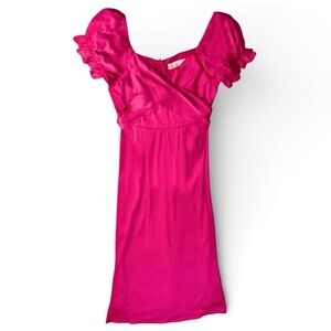 North End Boutique Satin Flirty Milkmaid Pink Puff Sleeve Bow Midi Dress Small